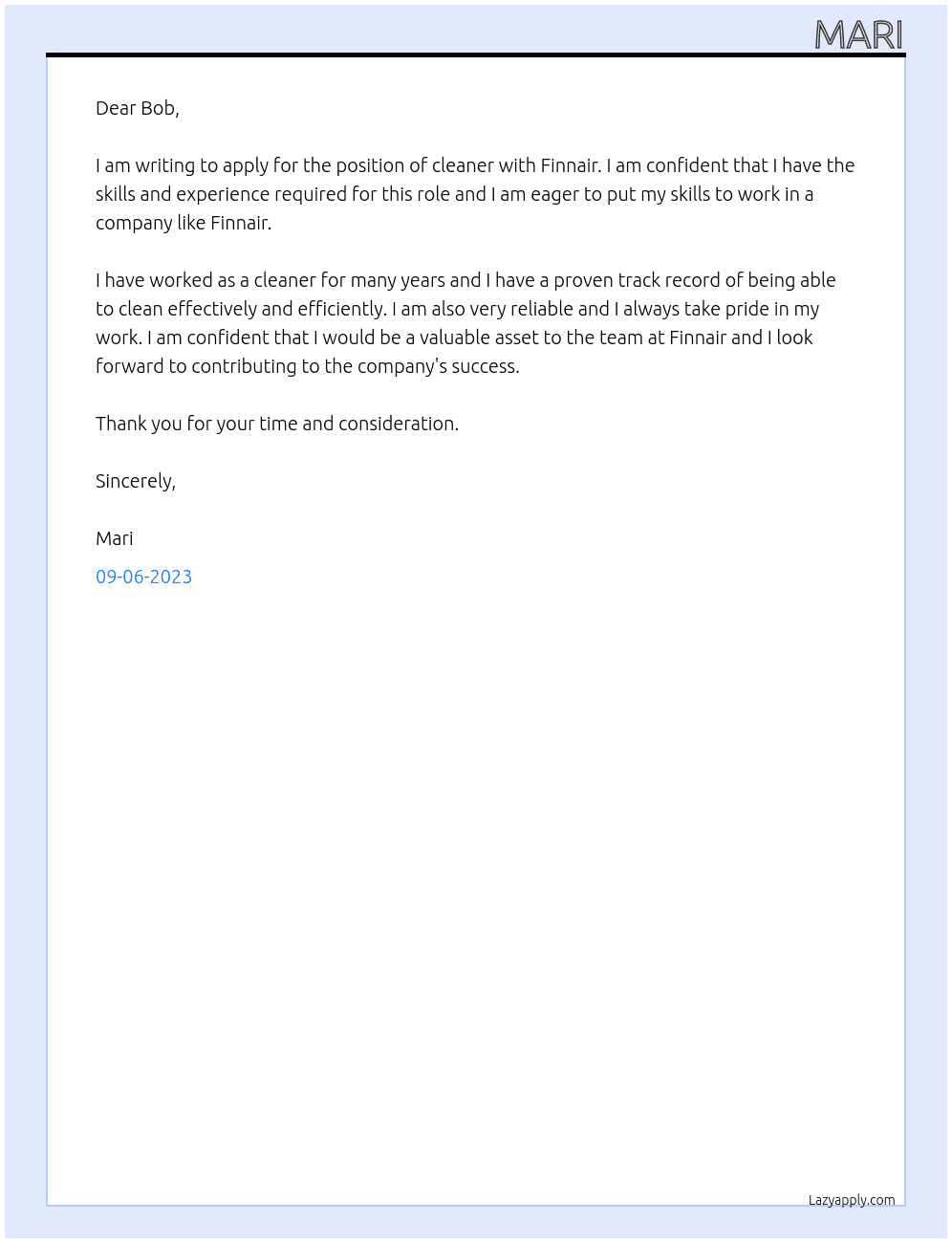 cleaner At finnair Cover Letter