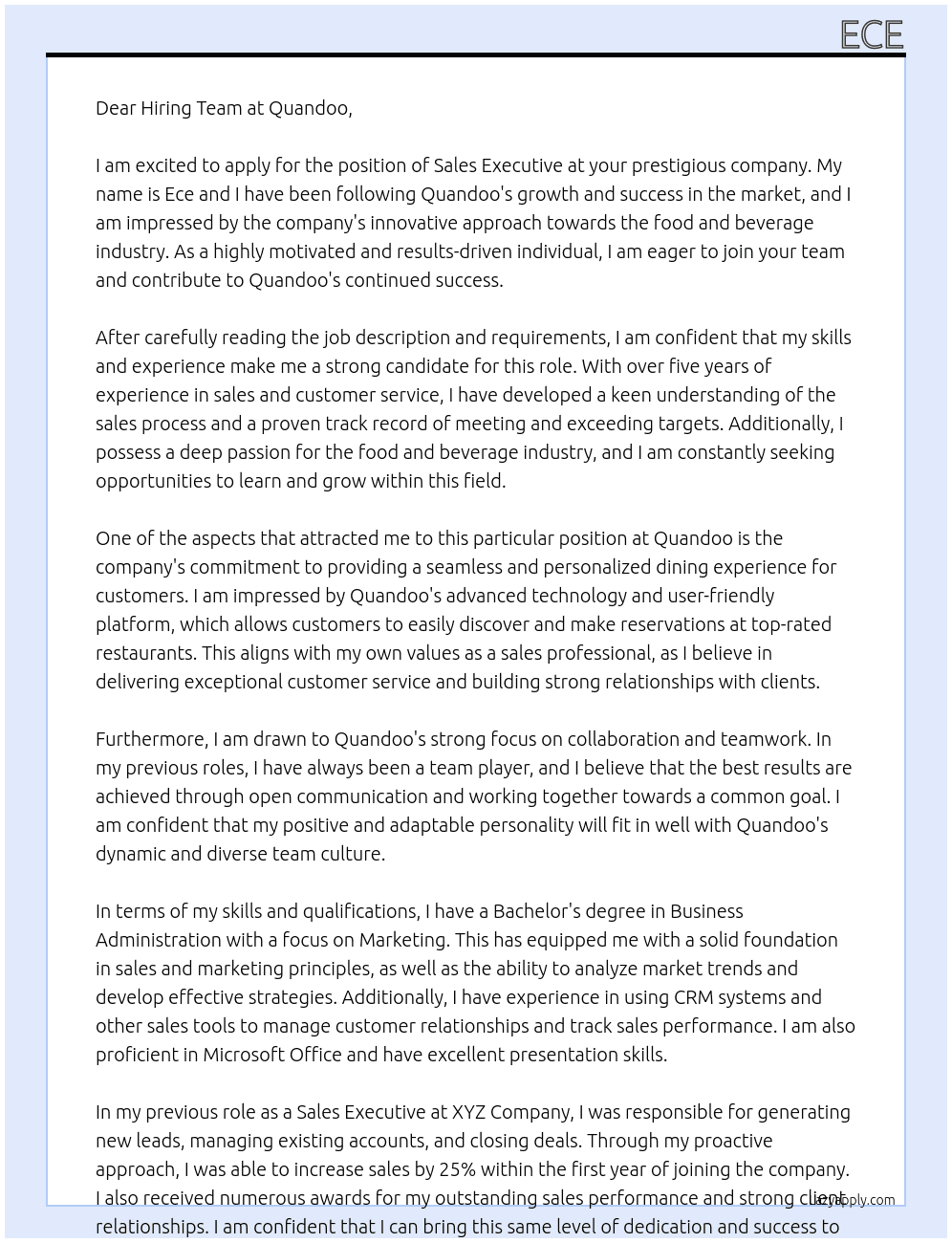 Sales executive At Quandoo Cover Letter