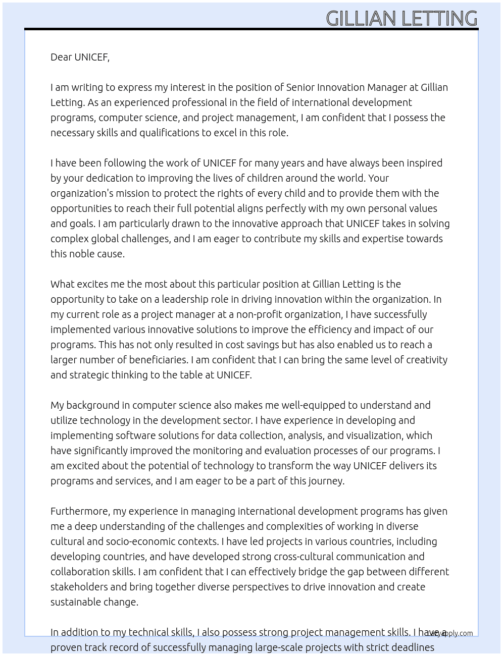 Cover letter for senior innovation manager - LazyApply