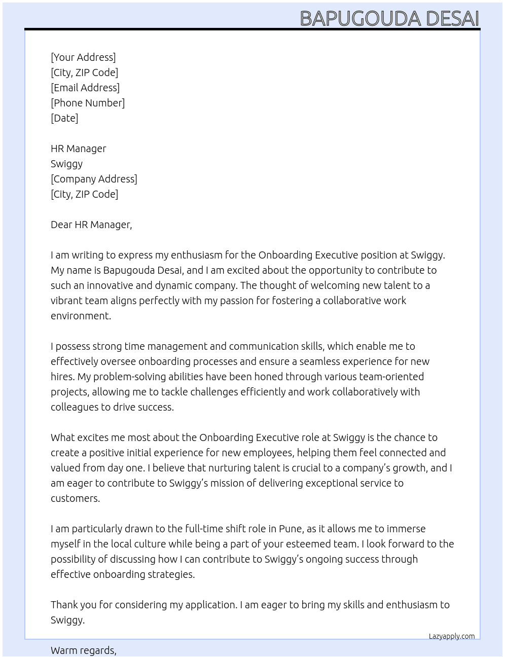 Cover letter for onboarding executive - LazyApply