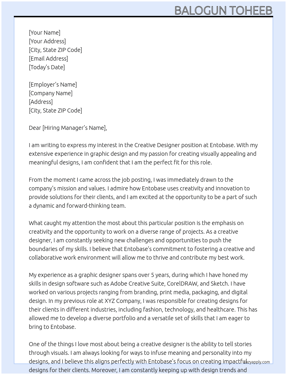 Creative Designer At Entobase Cover Letter
