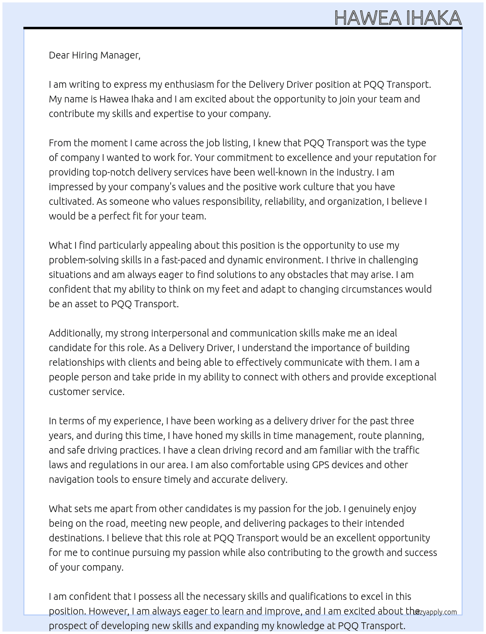 Delivery Driver At PQQ Transport Cover Letter