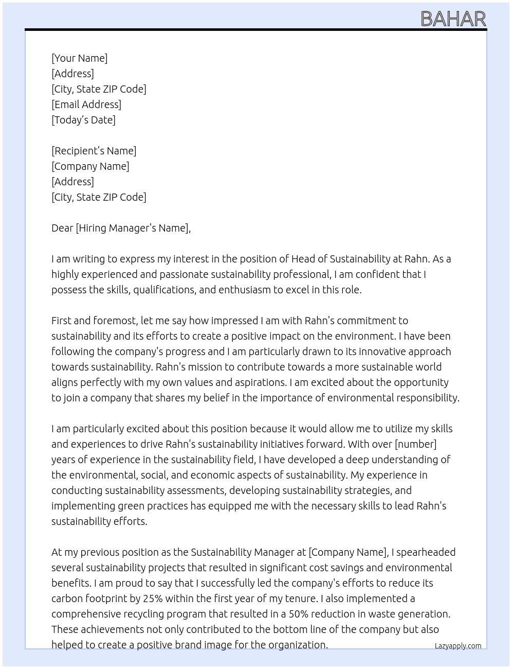 HEAD OF SUSTAINABILITY At Rahn Cover Letter