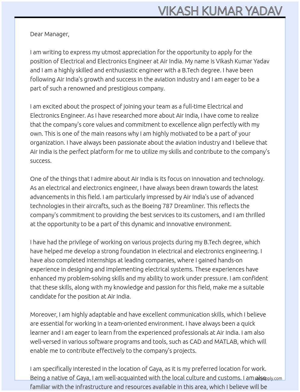 Electrical and electronics engineer  At Air India  Cover Letter