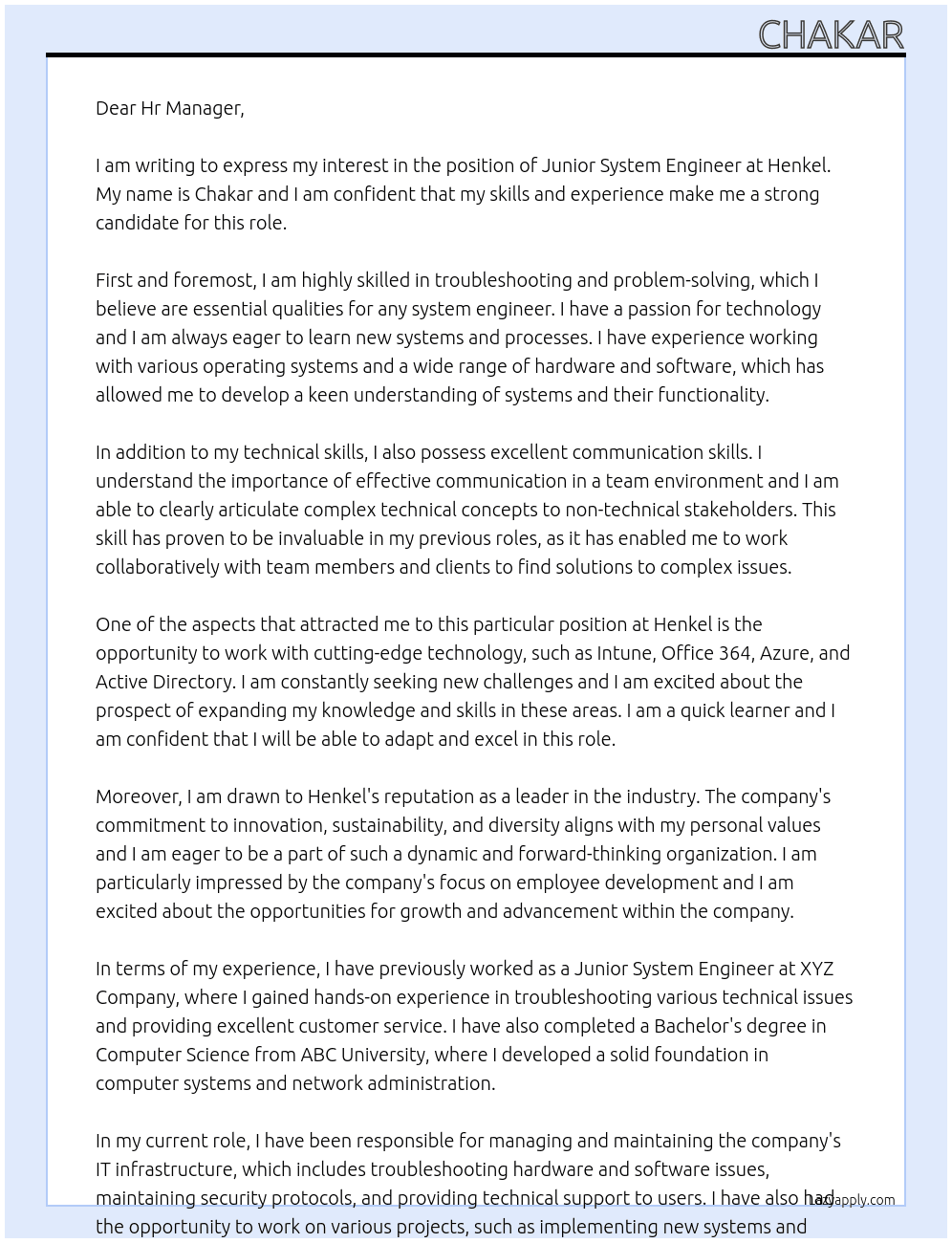 Cover letter for junior system engineer - LazyApply