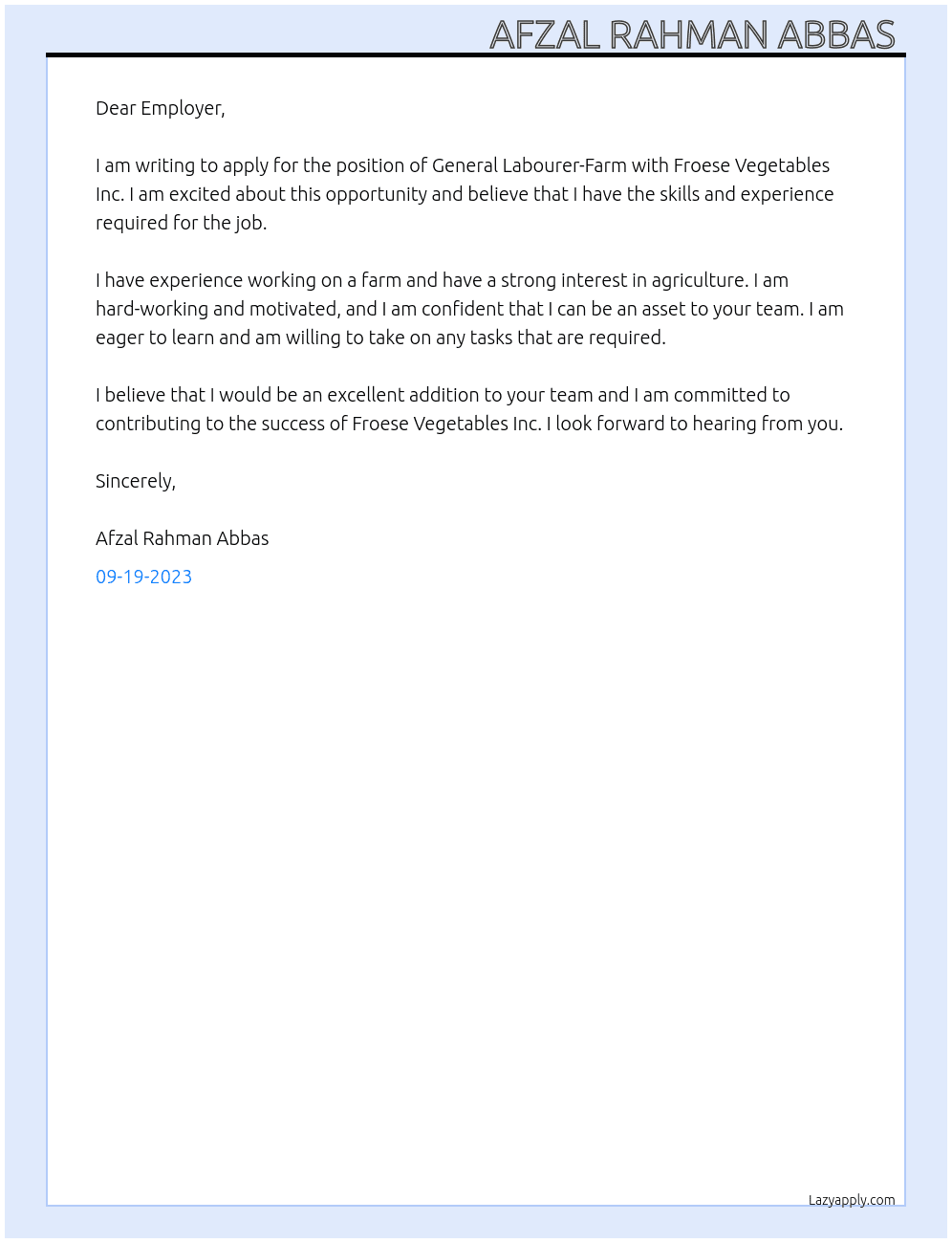 General Labourer-Farm At Froese Vegetables Inc. Cover Letter