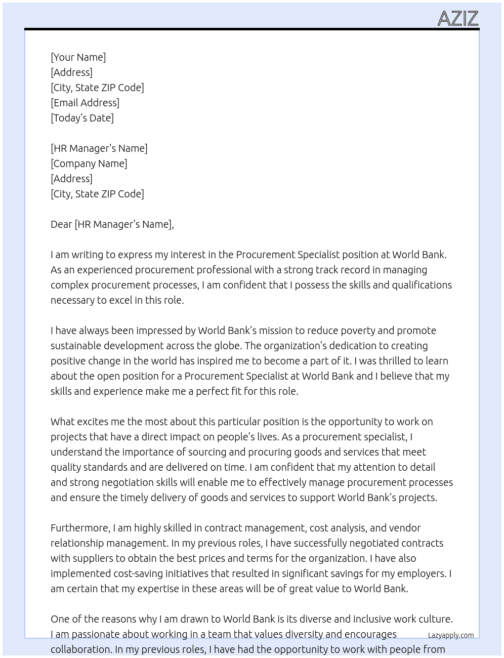 Procurement Specialist At World bank Cover Letter