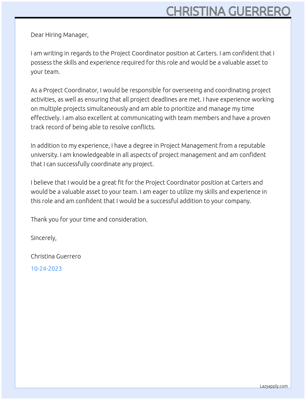 project cordinator At carters Cover Letter