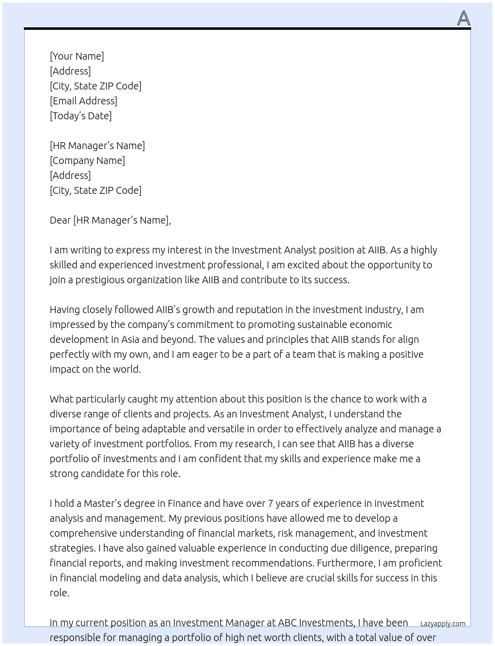 Investment analyst At AIIB Cover Letter