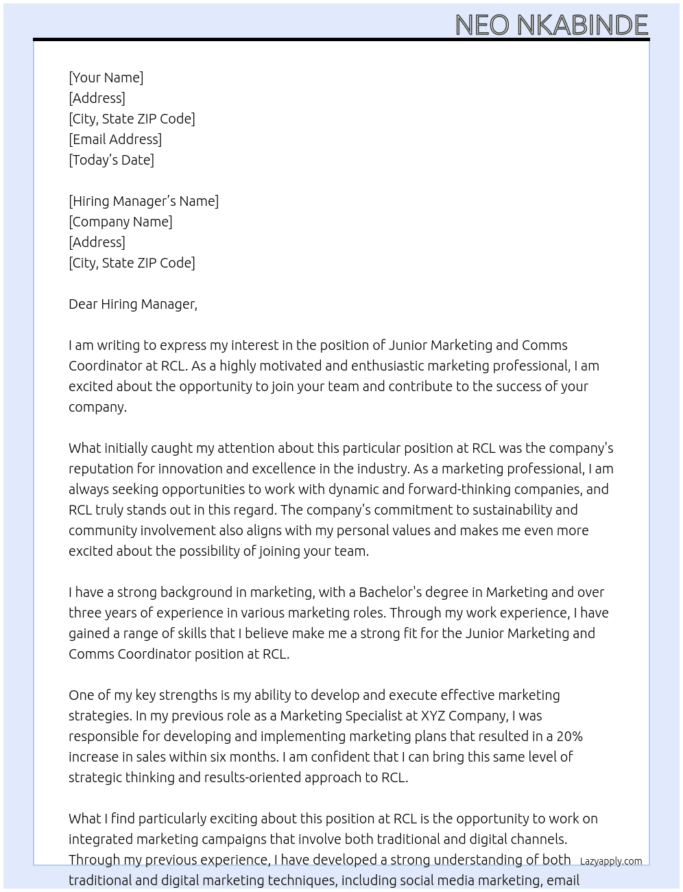 Junior Marketing and Comms Coordinator At RCL Cover Letter
