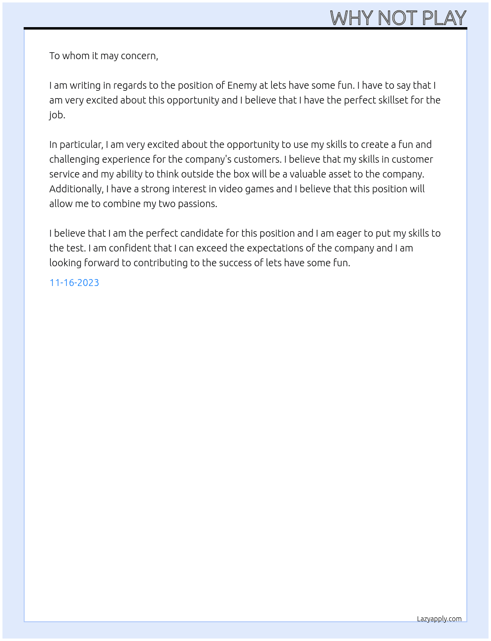 Enemy  At lets have some fun Cover Letter