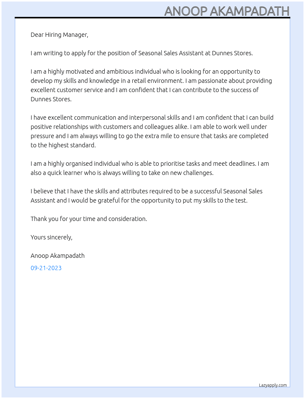 Seasonal Sales Assistant At Dunnes Stores Cover Letter