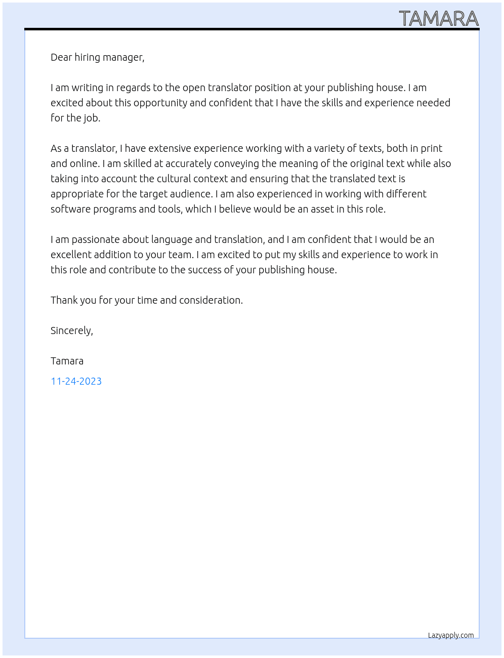 Translator At publishing house Cover Letter