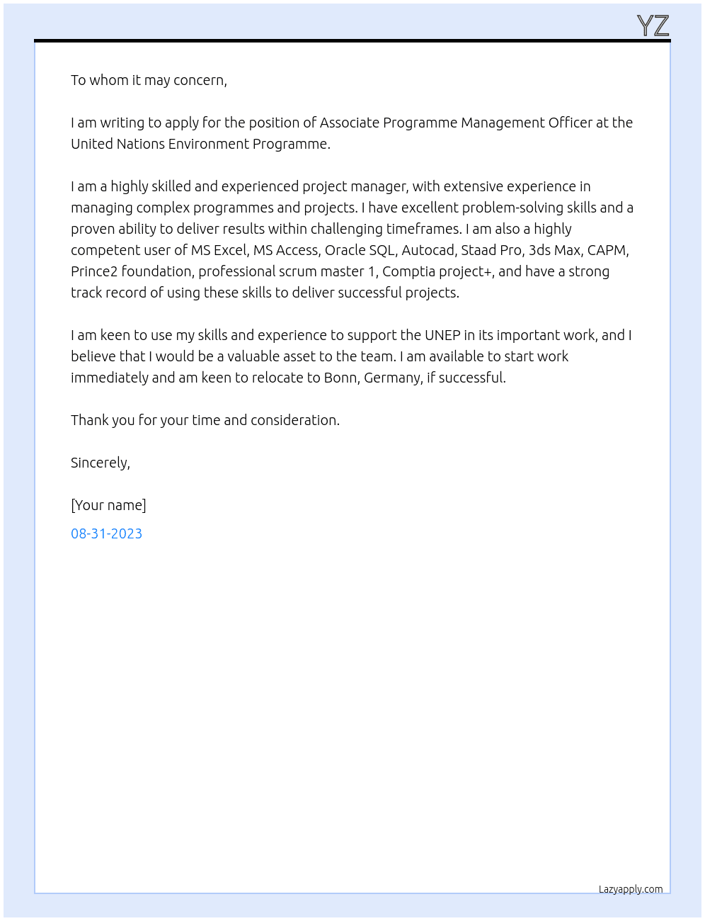	Associate Programme Management Officer At 	United Nations Environment Programme Cover Letter