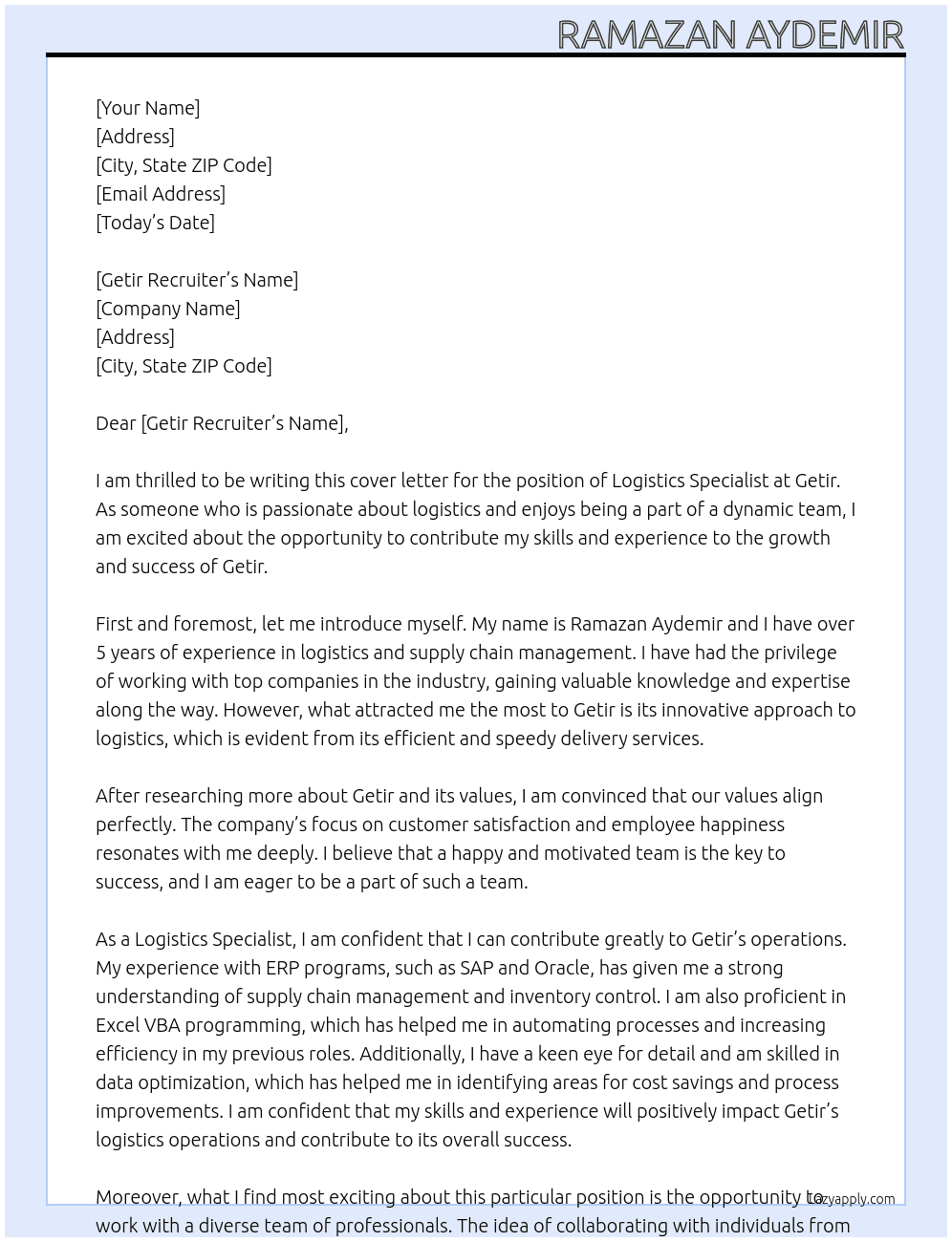 Logistics Specialist At getir Cover Letter
