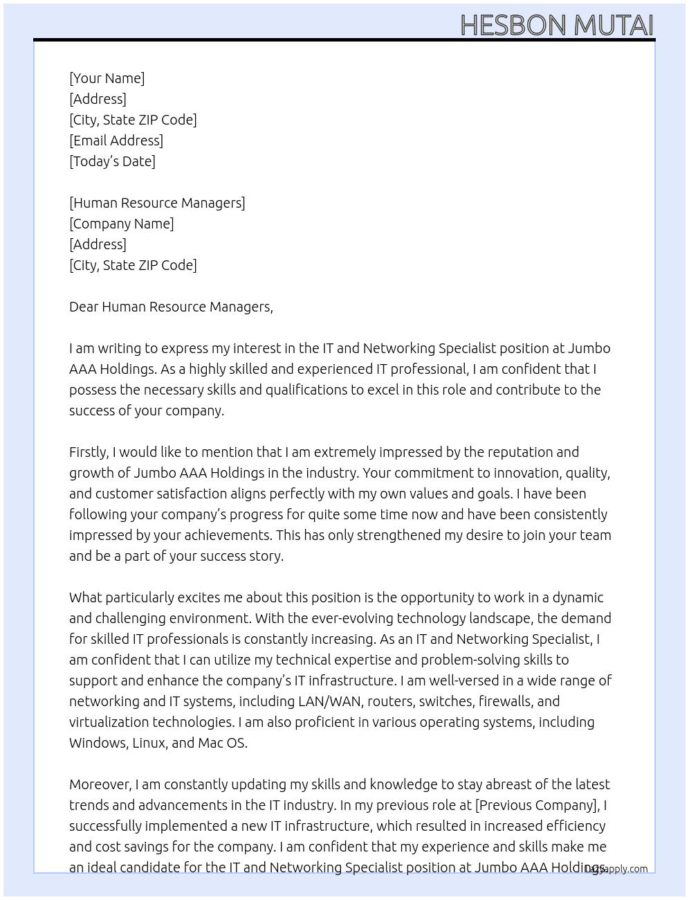 IT AND NETWORKING SPECIALIST At JUMBO  AAA HOLDINGS Cover Letter