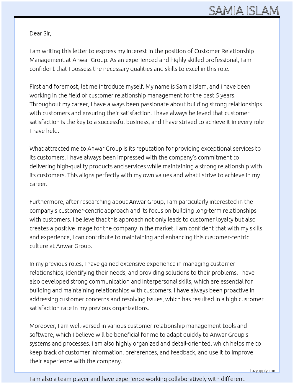 Customer Relationship Management At Anwar Group Cover Letter