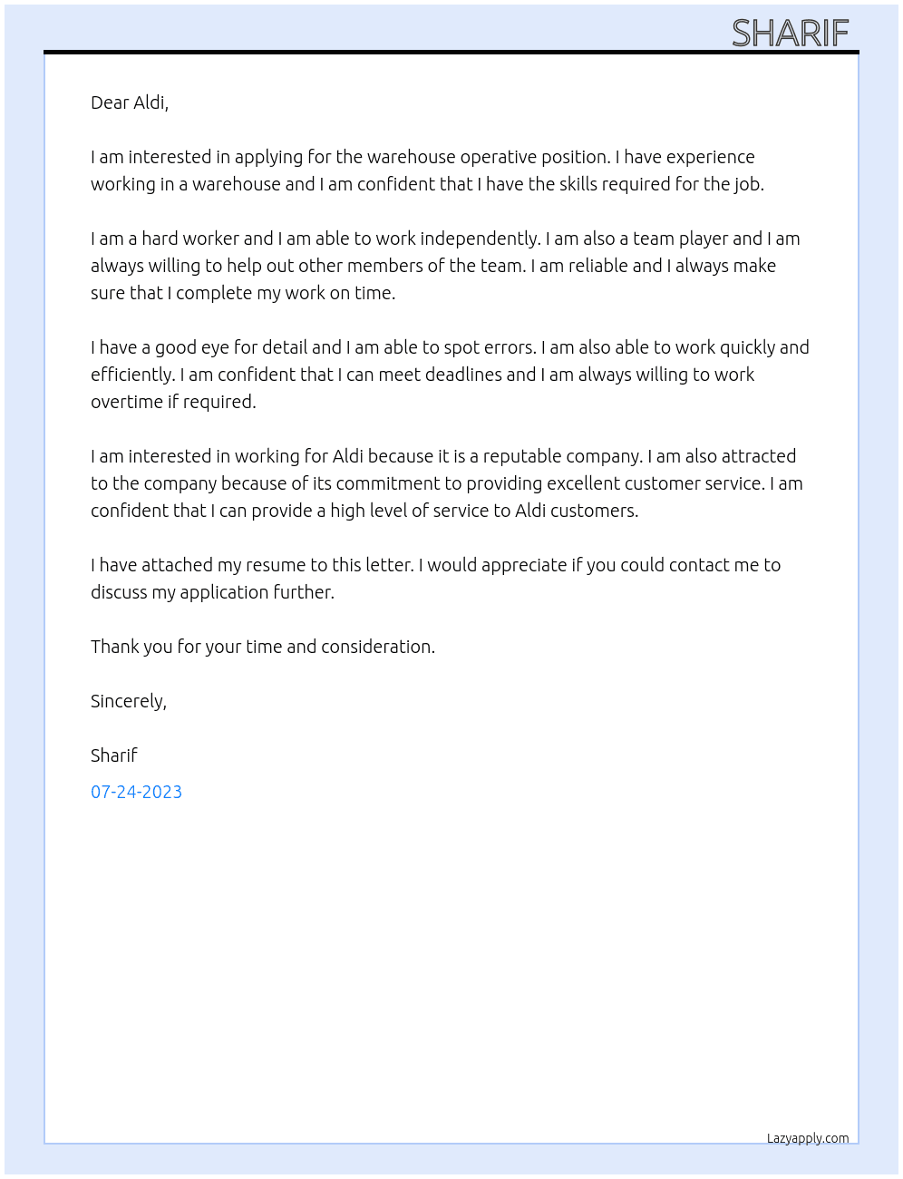 Warehouse operative At Aldi  Cover Letter