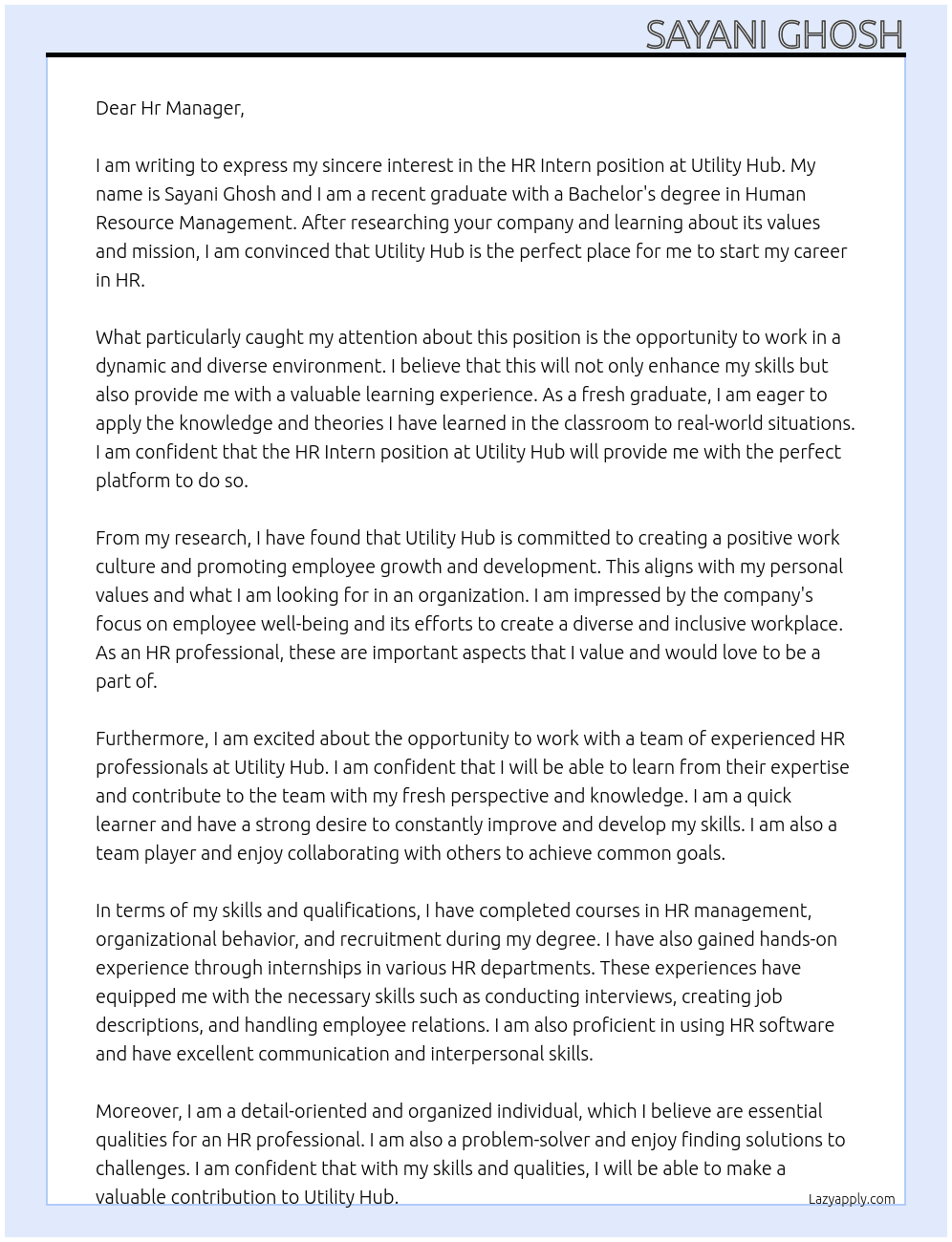 Hr intern At Utility Hub Cover Letter