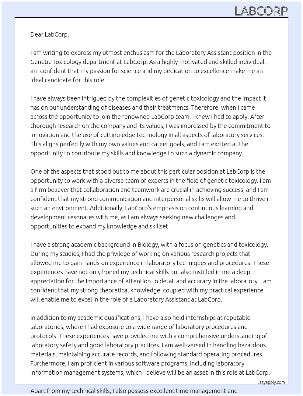 Laboratory Assistant - Genetic Toxicology  At LabCorp Cover Letter