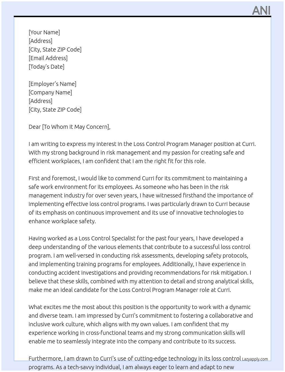 Loss Control Program Manager At Curri Cover Letter