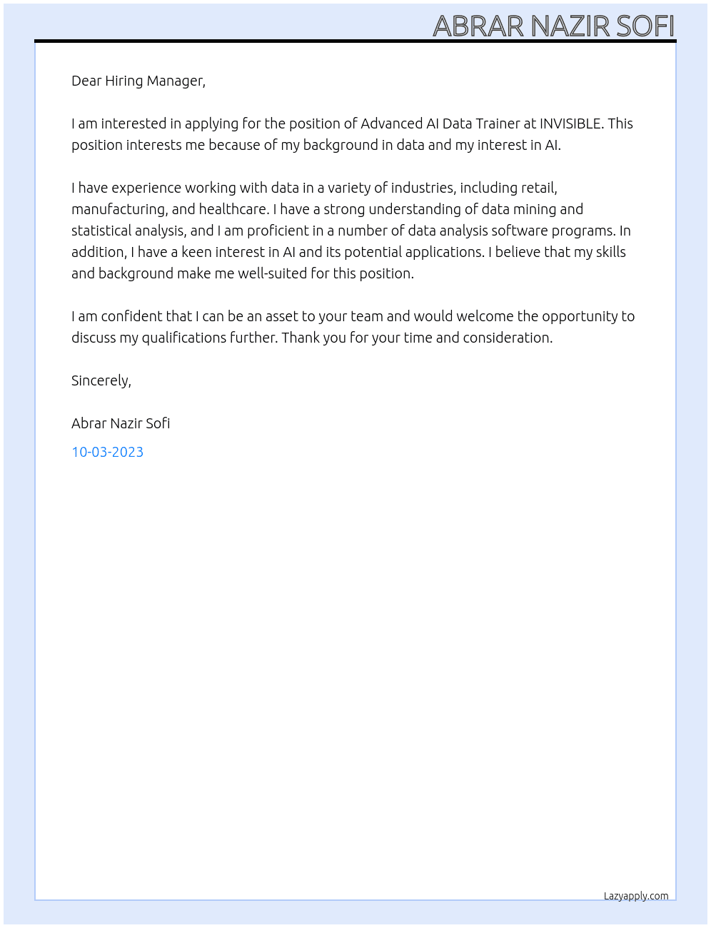 Advanced AI Data Trainer At INVISIBLE Cover Letter