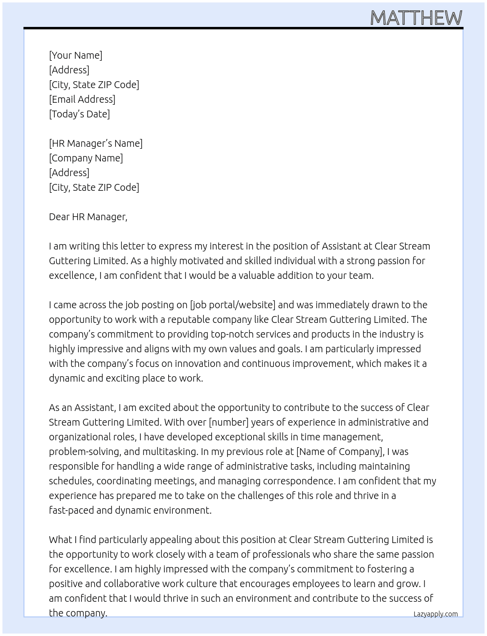 Assistant At Clear Stream Guttering Limited Cover Letter