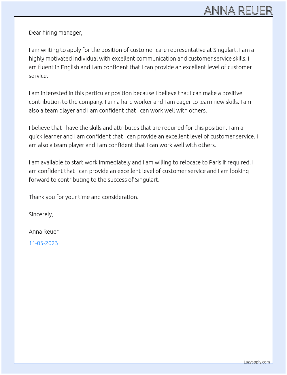 customer care representative  At Singulart Cover Letter