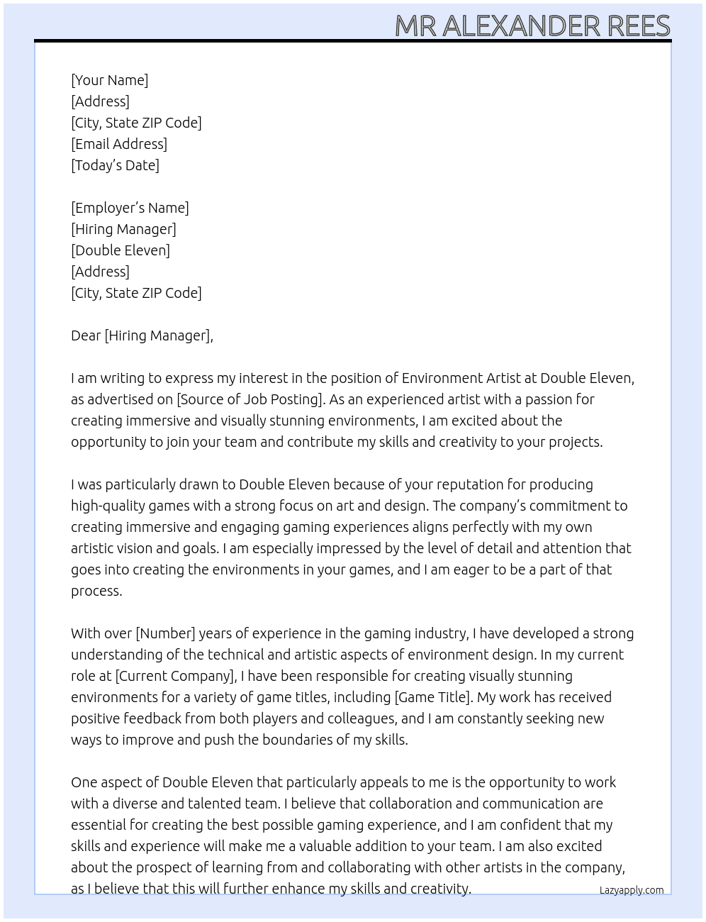 environment artist  At double eleven  Cover Letter