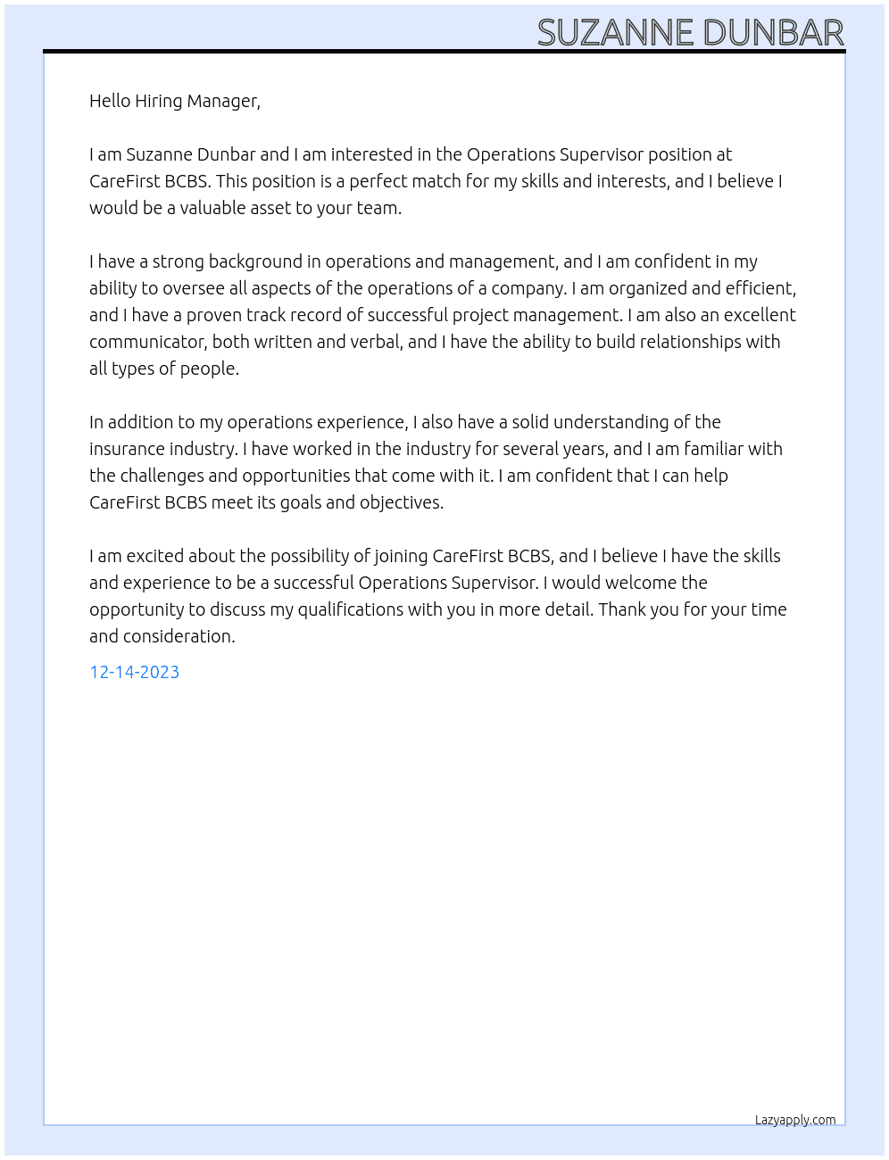 Operations Supervisor At CareFirst BCBS Cover Letter