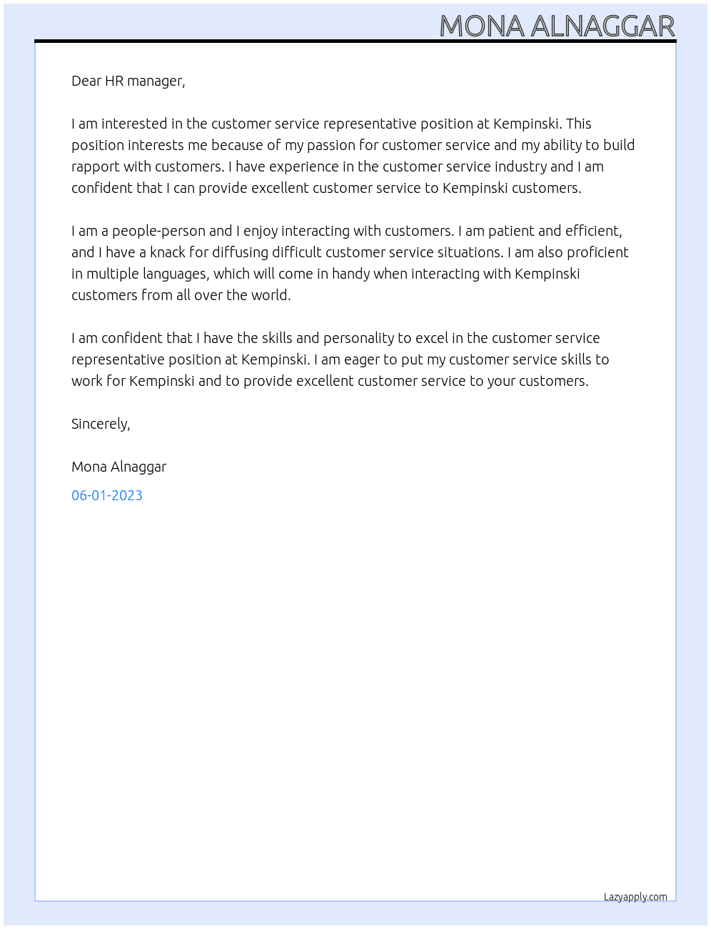 customer service representative At Kempinski Cover Letter