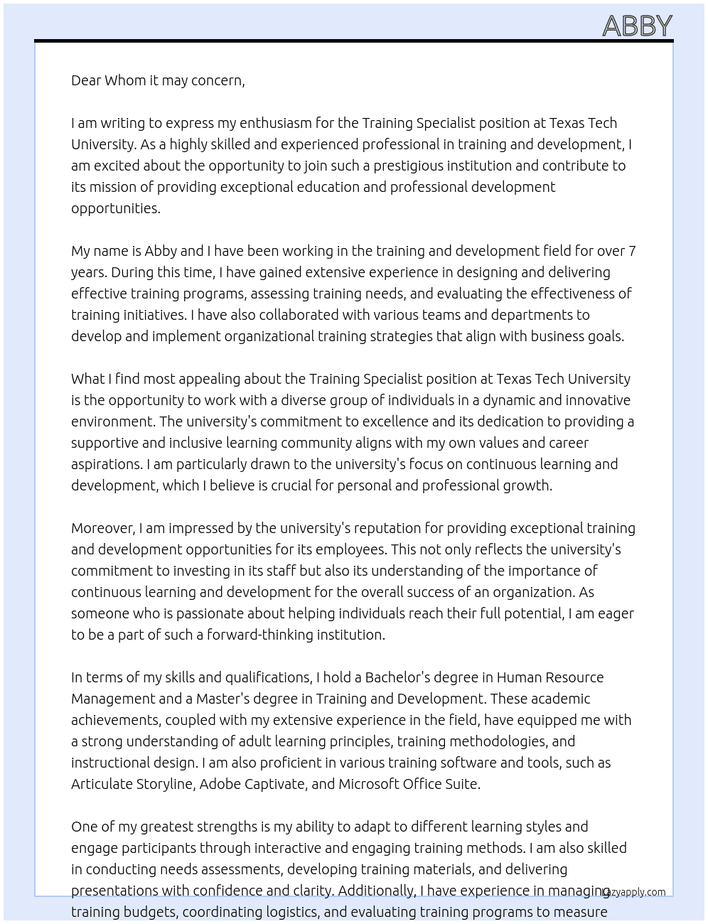 Training Specialist At Texas Tech University Cover Letter