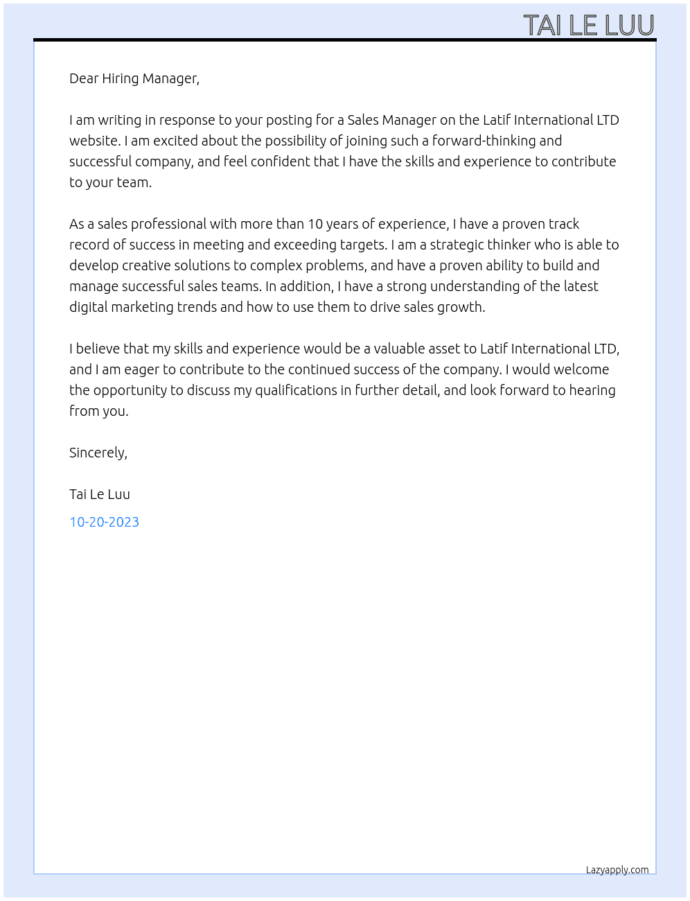 Sales manager At Latif International LTD Cover Letter