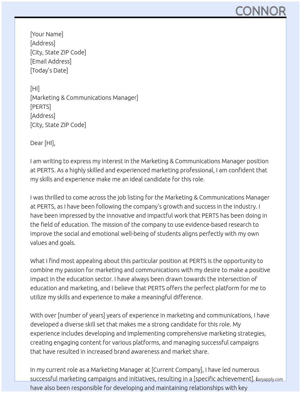 Marketing & Communications Manager At PERTS Cover Letter