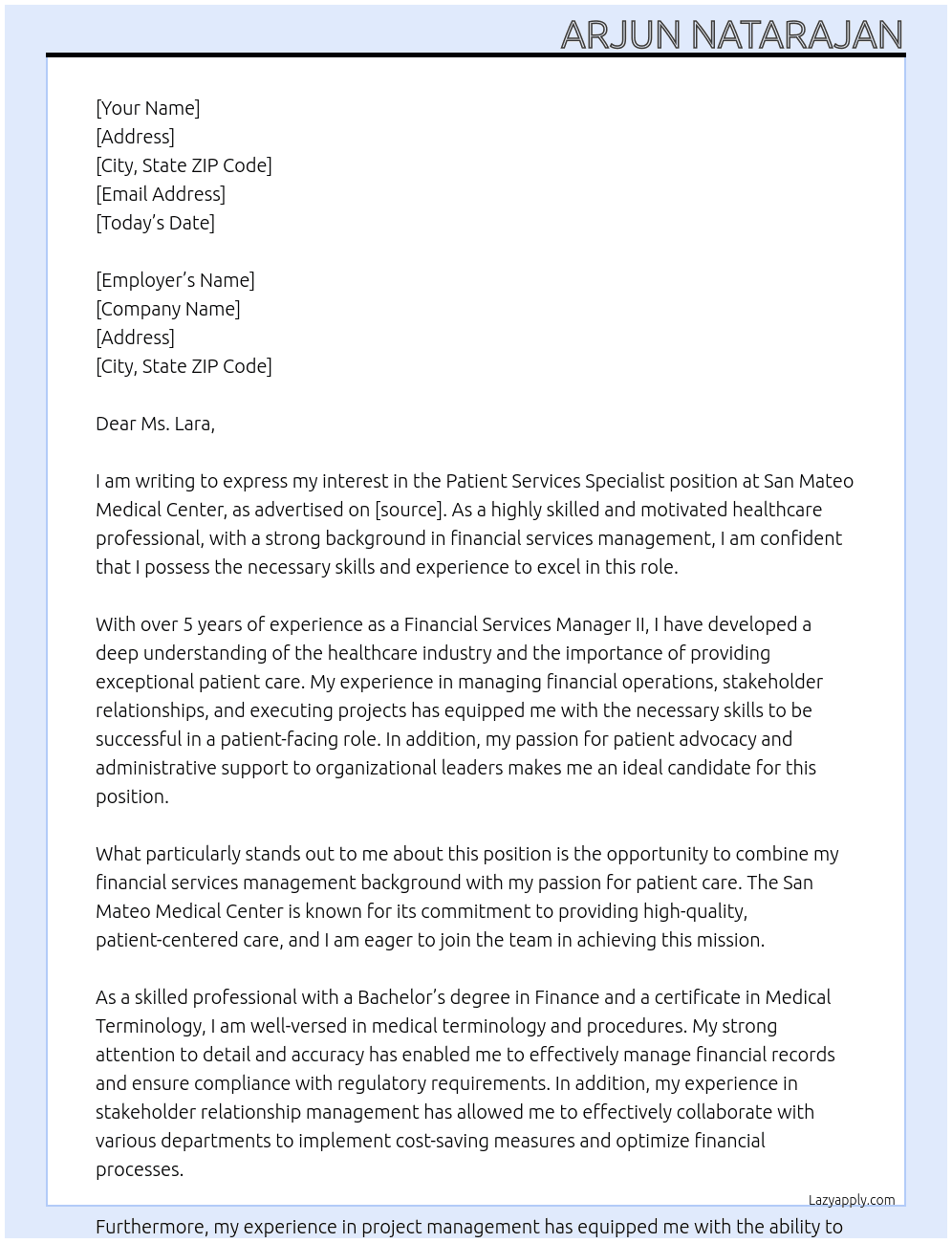 Patient Services Specialist At San Mateo Medical Center Cover Letter
