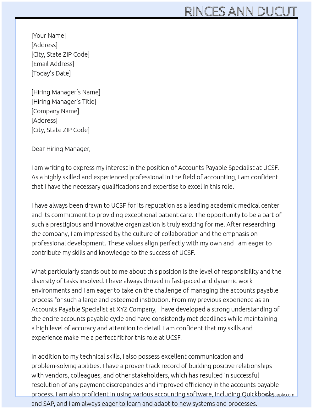Accounts Payable Specialist  At UCSF Cover Letter