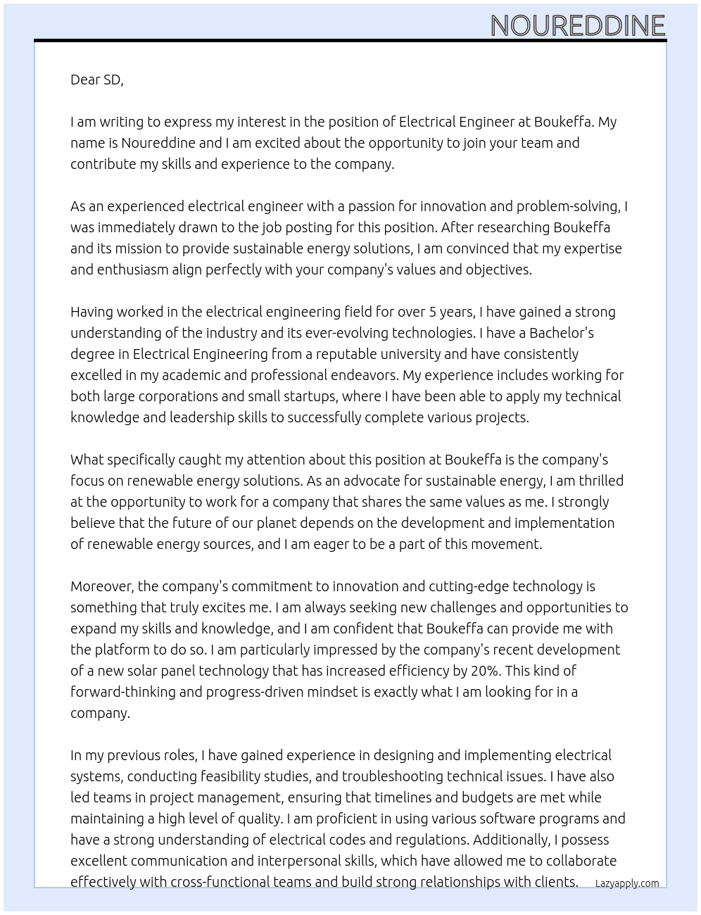 electrical engineer At Boukeffa Cover Letter