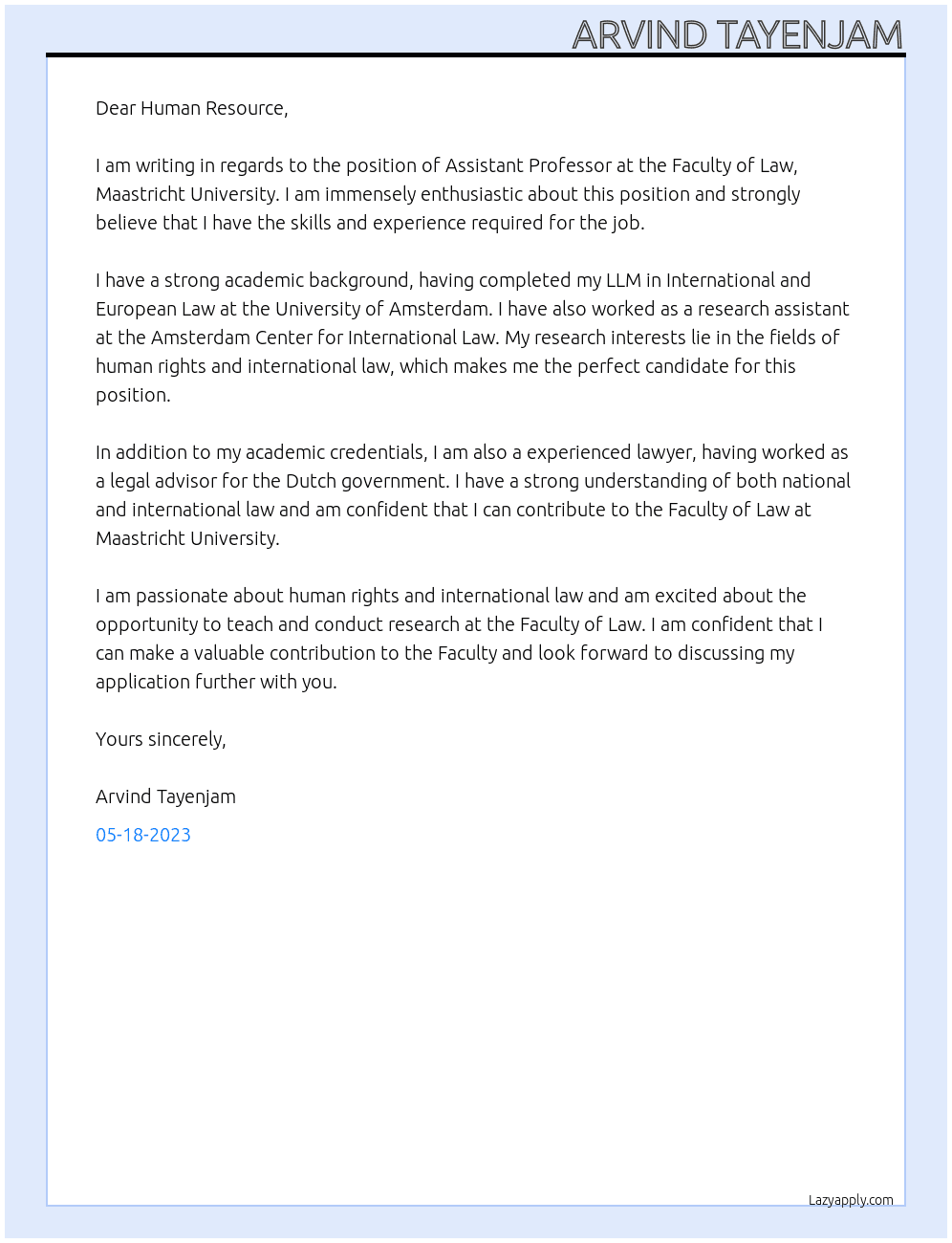 Assistant Professor At Faculty of Law, Maastricht University Cover Letter