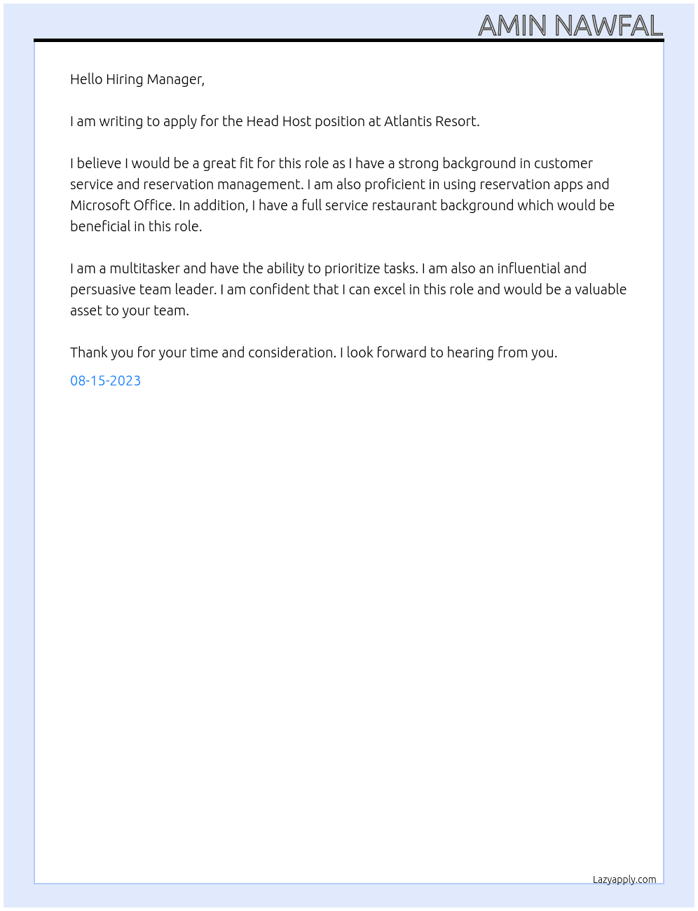 Head Host At Atlantis Resort Cover Letter