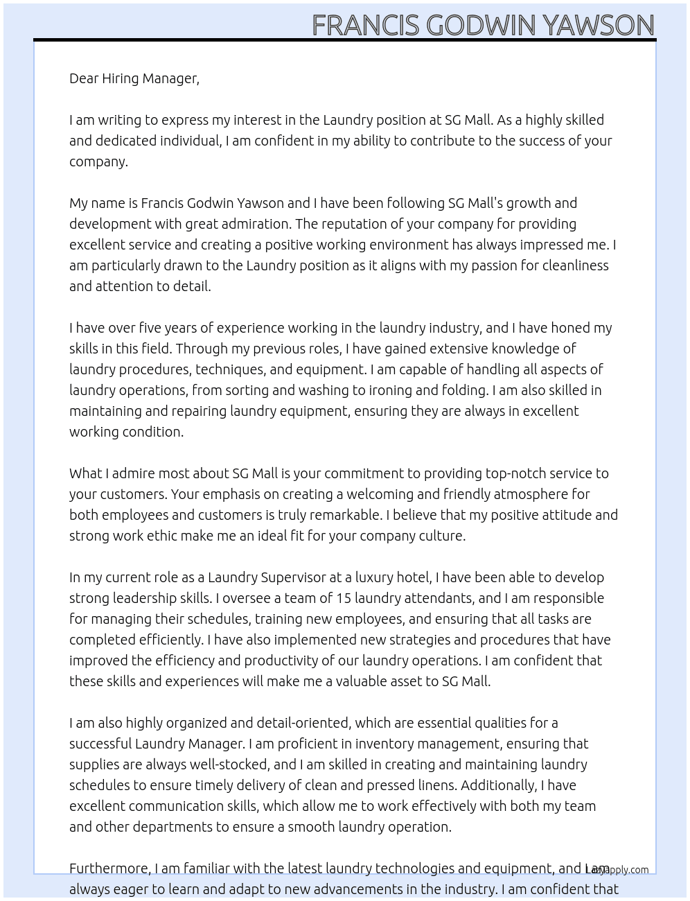Laundry At SG Mall Cover Letter