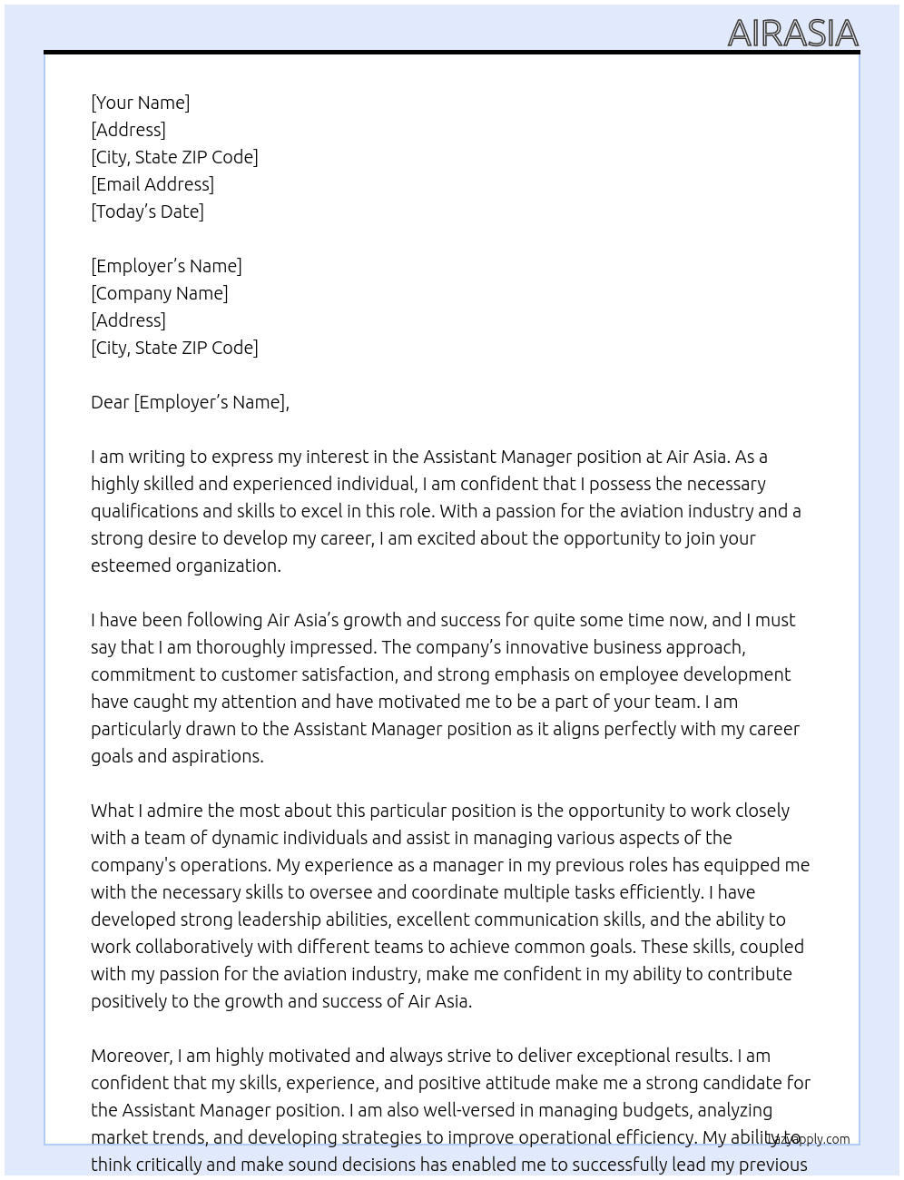 Assistant manager  At Air asia Cover Letter