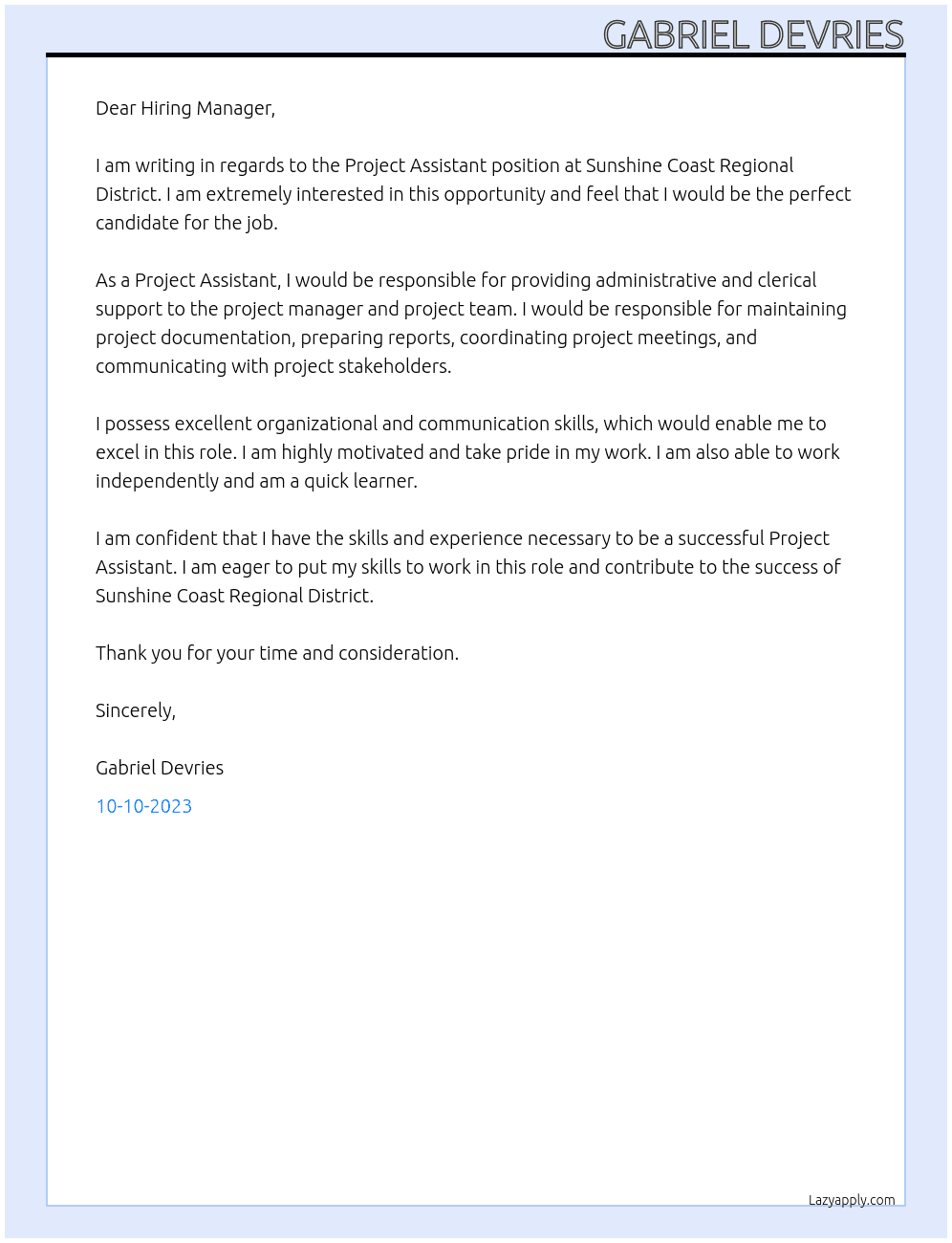 Project Assistant At Sunshine Coast Regional District Cover Letter