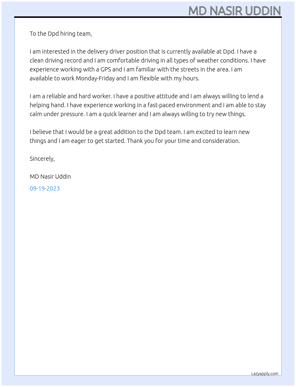 Delivery driver At Dpd Cover Letter