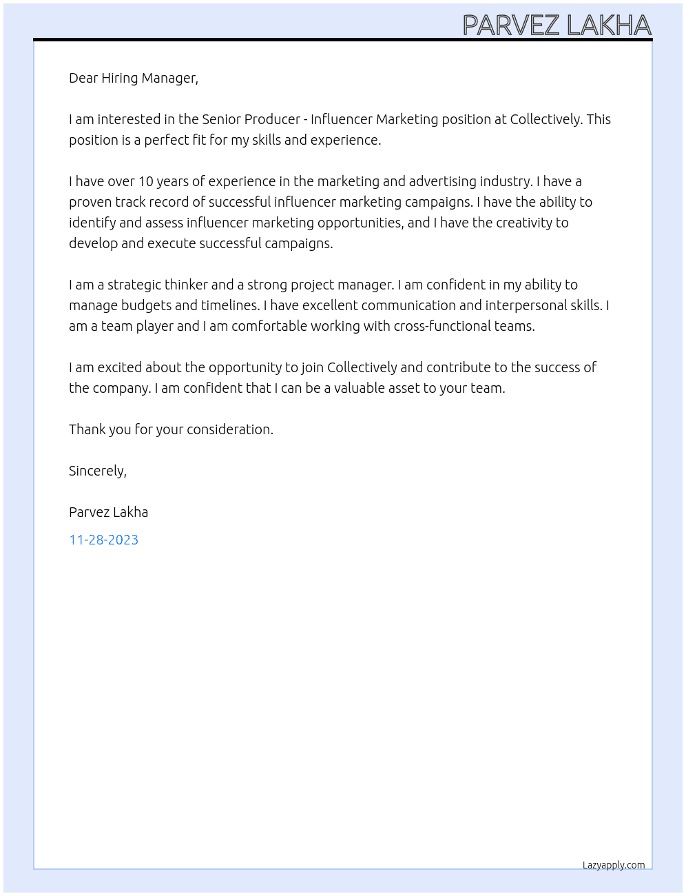 Senior Producer - Influencer Marketing At Collectively Cover Letter