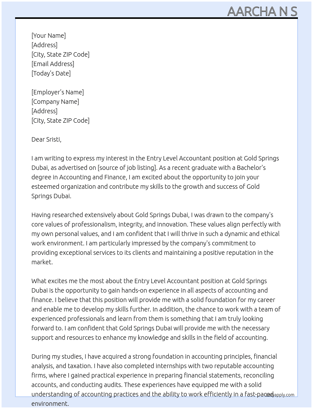 Entry level accountant At Gold springs Dubai Cover Letter
