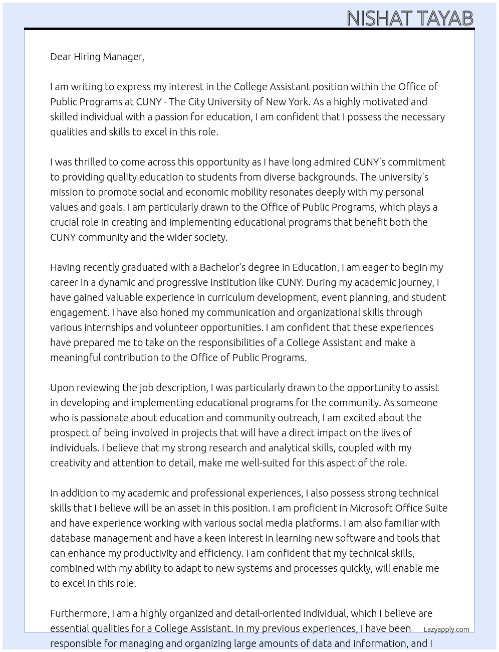 College Assistant - Office of Public Programs At CUNY - The City University of New York  Cover Letter