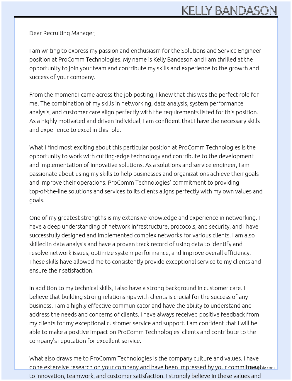 Solutions and Service Engineer At ProComm Technologies  Cover Letter