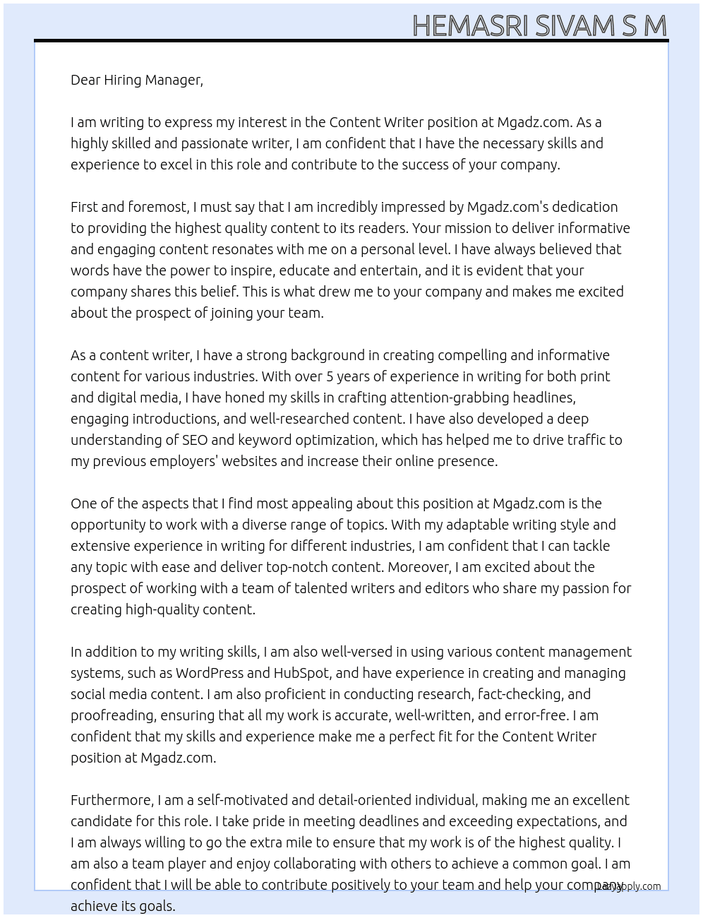 Content writer  At Mgadz.com Cover Letter