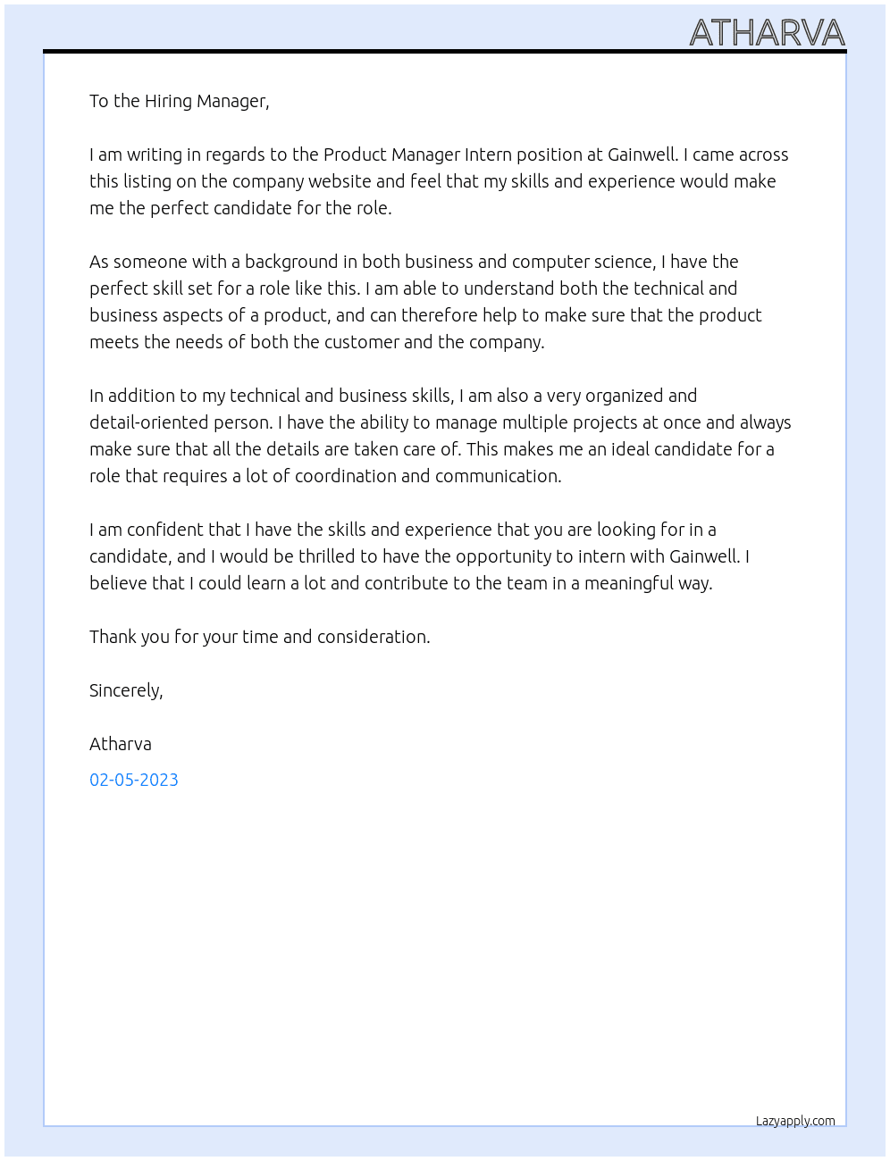 Product Manager Intern At Gainwell Cover Letter