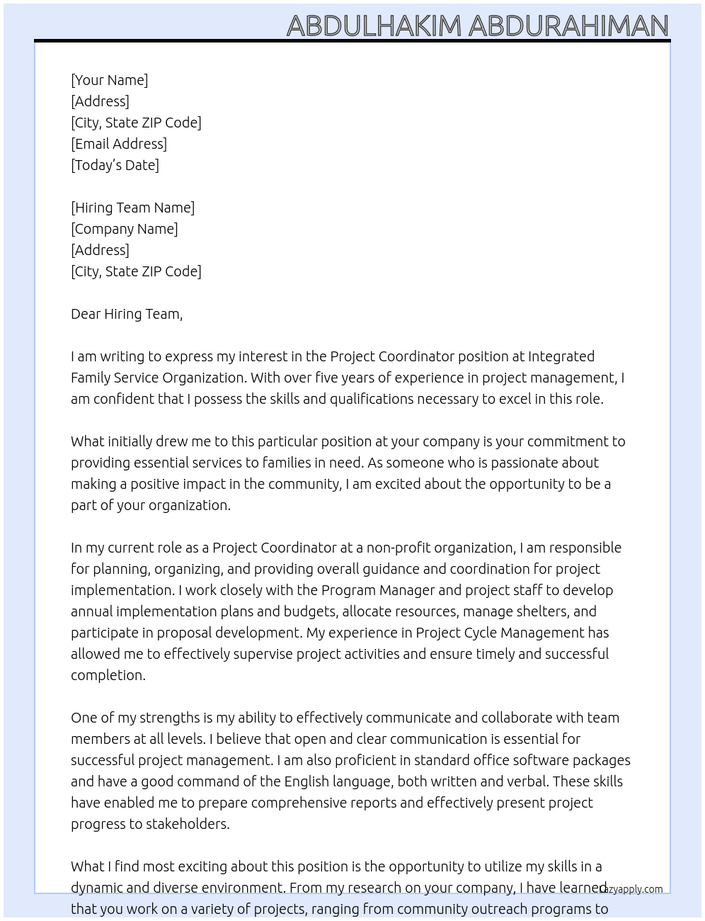 Project coordinator At Integrated Family Service Organization Cover Letter